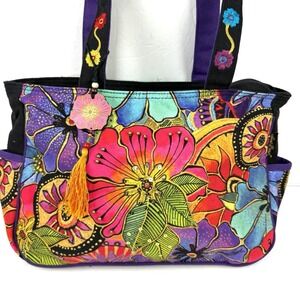 Laurel Burch Handbag Floral Canvas Colorful Boho Beaded Travel Shoulder Bag